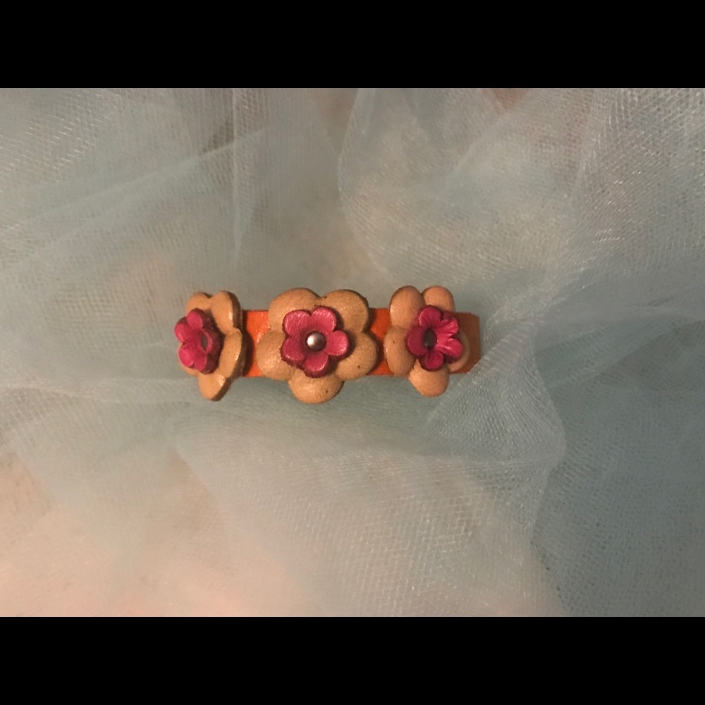 Artist Made Leather Bracelet with Pink Flowers.